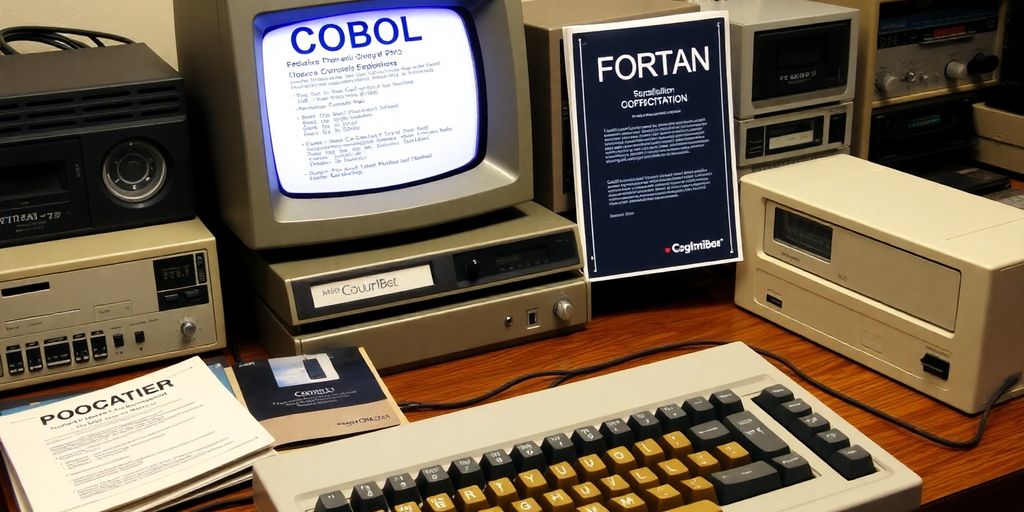 Vintage Computer mit COBOL und Fortran Handbüchern